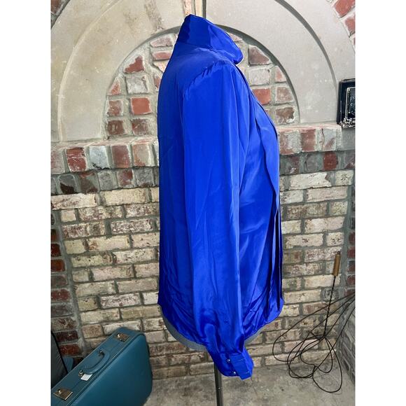 Blouse pleat front blue shoulder pads 1980s - Picture 8 of 9